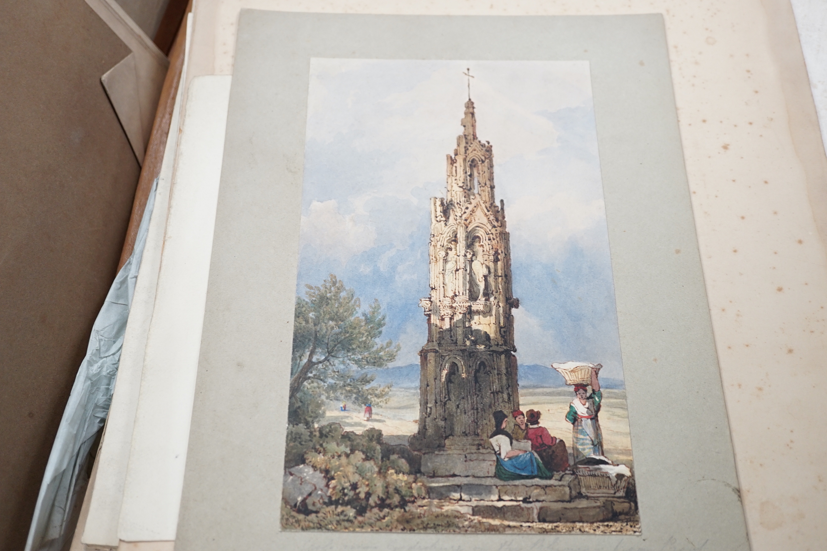 Charlotte Cox nee Parrott, a large folio of unframed work comprising watercolours and sketches, including Venice, historical monuments and interior scenes